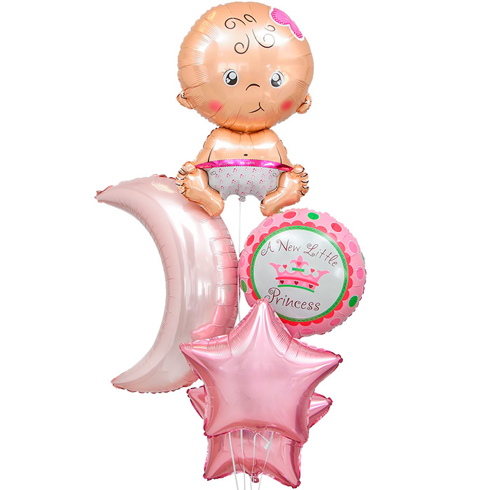Букет из шаров С рождением девочки, луна, звезда, младенец, фольга, набор 5 шт.